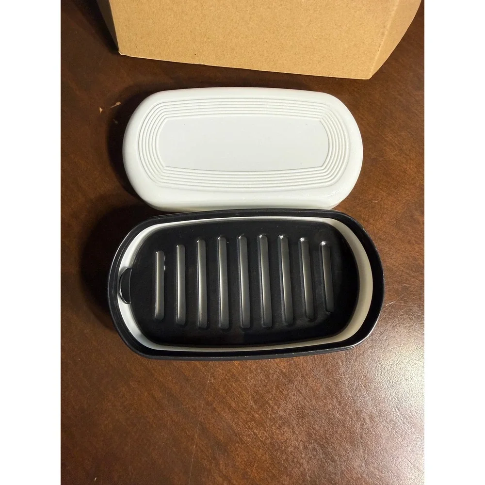 Modern White and Black Oval Soap Dish with Drainage Tray and Lid Minimalist Set